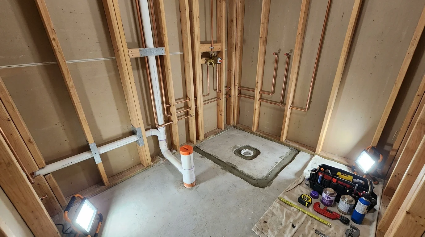 Bathroom rough-in plumbing during remodel by Johns Plumbing LLC in Saint Peter